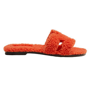 Hermes Oran Teddy Shearling Fur Orange H Logo Slide Sandal Mule Flat Flop 36.5